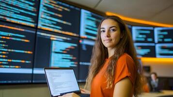 Portrait of a female software developer or programmer sitting in a monitoring room,surrounded by large screens displaying lines of programming code and digital data. She is holding a laptop. photo