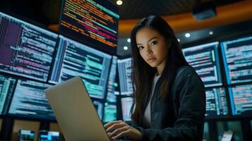 Portrait of a female programmer deeply focused on her work,surrounded by multiple screens displaying lines of programming code within a high-tech monitoring room setting. photo