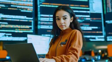 Portrait of a Focused Female Programmer Holding a Laptop in a Monitoring Room Surrounded by Multiple Screens Displaying Lines of Programming Language Code. photo