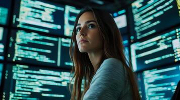 Portrait of a Female Programmer Holding a Laptop in a High-Tech Monitoring Room,Surrounded by Large Screens Displaying Lines of Programming Language Code and Digital Interfaces. photo