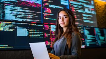 Portrait of a determined and focused female programmer working intently on her laptop,surrounded by large screens displaying complex lines of programming code in a high-tech office environment. photo