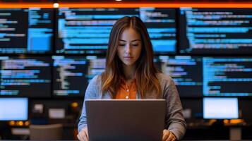 Portrait of a Female Programmer Focused on Her Laptop in a Monitoring Room Surrounded by Large Screens Displaying Lines of Programming Language Code and Data photo