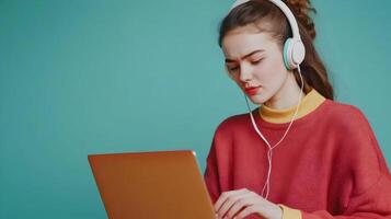 Portrait of a Concentrated Young Woman Student Deeply Engaged in Academic Research and Studying with Laptop Computer and Headphones on a Vibrant Color Background photo