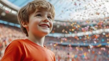 Energetic and Joyful Young Boy Passionately Cheers for His Favorite Soccer Team as They Celebrate a Triumphant Victory During an Intense Championship Match,Confetti Flying Amidst the Crowd Atmosphere. photo