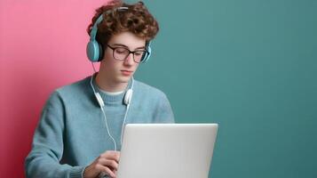 Portrait of a Focused Young Male Student Deeply Engaged in Academic Research and Data Analysis,Using Laptop and Headphones on a Colorful Background. photo