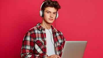 Portrait of a Focused Young Male Student Intently Engaged in Academic Research and Digital Learning,Wearing Headphones and Using a Laptop Computer on a Solid Red Background photo