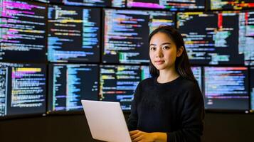 Portrait of a young female programmer or software engineer intently working on a laptop computer in a monitoring room or control center environment. photo