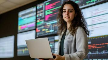 Portrait of a Female Programmer Holding a Laptop While Working in a Monitoring Room Surrounded by Multiple Large Screens Displaying Programming Language Code and Technical Data photo