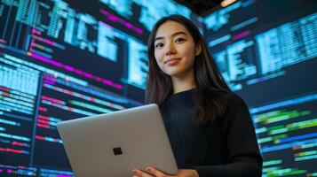 Portrait of a Confident and Capable Female Programmer Holding a Laptop Computer Surrounded by Monitoring Screens Displaying Lines of Programming Language Code. photo