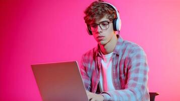 Portrait of a Focused and Concentrated Young Male Student Engaged in Academic Research and Study,Using Laptop and Headphones on a Colorful Background. photo