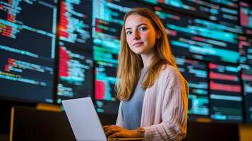 Portrait of a young female programmer or developer sitting at a desk and using a laptop computer in a futuristic monitoring room or workspace. photo