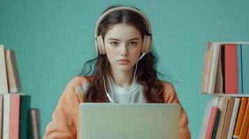 Portrait of a Focused and Determined Young Female Student Deeply Engaged in Academic Research and Study,Using a Laptop and Wearing Headphones on a Colorful Background photo