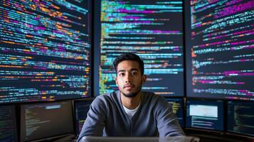 Portrait of Male Programmer Working with Laptop in a Monitoring Room Surrounded by Big Screens Displaying Lines of Programming Language Code. photo