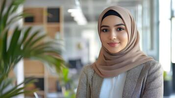 Confident and Focused Young Muslim Female Entrepreneur Dressed in Hijab Working on an Engineering Project at Her Desk in a Modern Office Environment photo