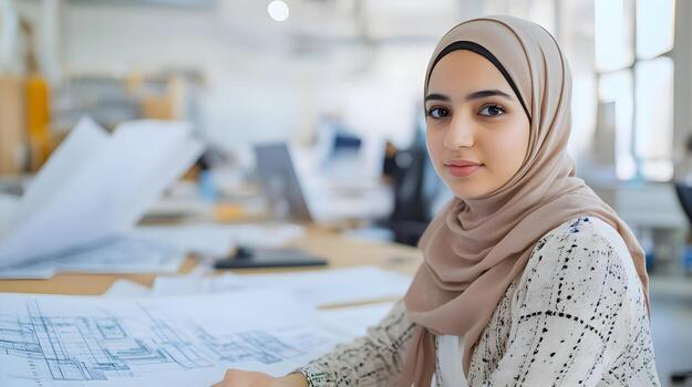 Portrait of Confident and Focused Young Muslim Female Wearing Hijab Working Diligently on an Engineering Project in a Modern Office Setting,Representing a Successful Digital Entrepreneur photo
