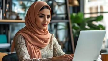 Portrait of a young,confident hijab-wearing Muslim woman working as a manager in a modern,well-equipped corporate office. She is intently focused on using a laptop computer. photo