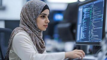 Empowered Young Muslim Female Entrepreneur Wearing Hijab Concentrates on Coding and Engineering Project on Digital Workspace,Demonstrating Ambition and Innovation in Her Career photo
