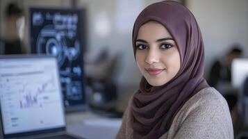 Portrait of a confident and focused young Muslim woman wearing a hijab,working diligently on an engineering project on a computer in her digital workspace. photo