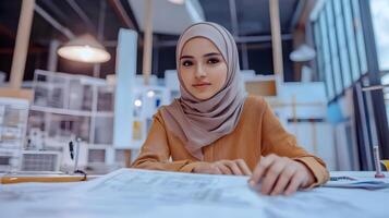 Empowered Young Muslim Female Wearing Hijab Intently Works on Engineering Project as a Successful Digital Entrepreneur in Her Modern Office Workspace photo