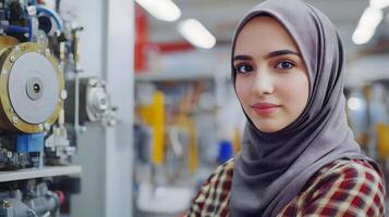 Portrait of a young,confident Muslim woman wearing a hijab while working diligently on an engineering project in a workshop setting,showcasing her skills,expertise. photo