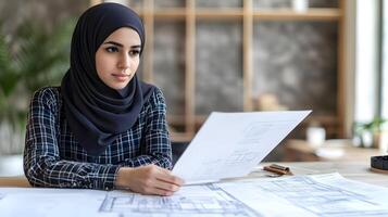 Portrait of a Focused and Determined Young Muslim Woman Wearing a Hijab,Diligently Working on an Engineering Project in a Professional Office Workspace. photo