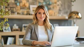 Stylish Caucasian Businesswoman Sitting at Desk and Using Laptop Computer in a Modern Marketing Agency Office Environment photo
