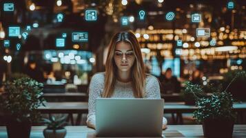 Portrait of a stylish Caucasian female project manager working intently on her laptop in a modern office setting,surrounded by virtual social media and connectivity icons. photo