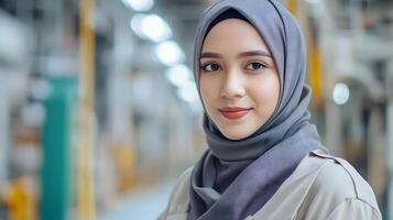 Young Confident Muslim Female Entrepreneur Wearing Hijab Works on Engineering Project in Modern Office,Empowered Digital Startup Founder Focused on Technology and Innovation photo