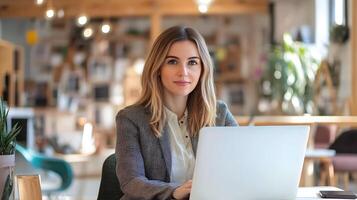 Portrait of a young Caucasian female professional manager sitting at a desk and using a laptop computer in a modern office environment. photo