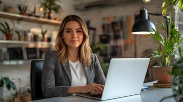 Portrait of a focused and stylish Caucasian female manager sitting at her desk and using a laptop computer in a contemporary marketing agency office. The image conveys a sense of professionalism. photo