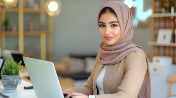 Confident and Stylish Muslim Female Business Manager Sitting at Desk and Using Laptop Computer in a Modern Marketing Agency Office photo