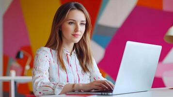 Confident Caucasian Female Manager Sitting at Desk and Using Laptop Computer in Stylish Modern Marketing Agency Office photo