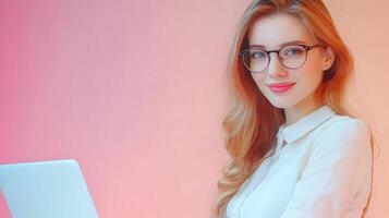 Portrait of a confident,young redheaded woman wearing glasses and using a laptop computer in a pink studio setting. She appears to be an information technology specialist,software engineer. photo