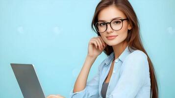 Confident and Smiling Young Female Professional Using Laptop Computer in Modern Office Setting,Representing Information Technology,Software Engineering,or Technology-Based Career photo