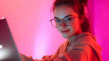 Confident and Smiling Redhead Woman Wearing Glasses,Using Laptop Computer,Representing an Information Technology Specialist,Software Engineer or Developer in a Studio Setting with Pink Background photo