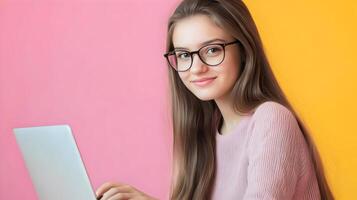 Confident Young Female Wearing Eyeglasses Working on Laptop Computer in Professional Office Environment,Information Technology Specialist or Software Developer photo