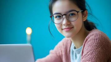 Confident and Focused Young Female Wearing Eyeglasses Sitting at Desk Using Laptop Computer in Comfortable Home Office or Workspace Setting photo