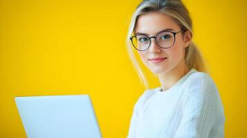 Portrait of a young confident female wearing glasses,using a laptop computer and working as an information technology specialist or software developer. She is smiling and appears focused. photo