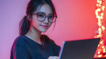 Portrait of a young confident female wearing glasses,using a laptop computer in a technology-focused workspace. Representing a software engineer,developer,or information technology specialist. photo