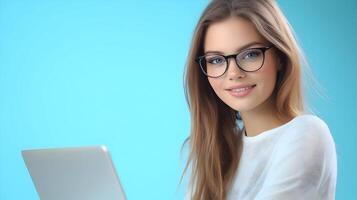 Confident and Capable Female Tech Professional Utilizing Laptop Computer in Modern Workspace Environment,Showcasing Expertise in Software Engineering or Information Technology photo