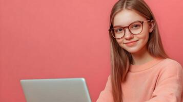 Confident and Skilled Young Female Professional Wearing Glasses Using Laptop Computer in Modern Office Workspace,Representing Information Technology,Software Engineering or Digital Expertise photo