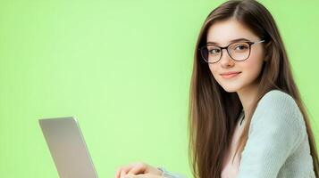 Portrait of a confident and smiling young female information technology specialist or software developer using a laptop computer in an office or workspace setting. photo