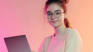 Confident and Attractive Young Woman in Casual Wear Smiling and Using Laptop Computer in a Stylish and Modern Professional Workspace or Office Setting. Concept of Information Technology. photo