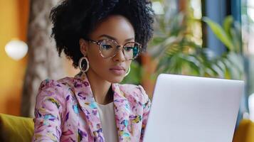 Portrait of a young,fashionable African American businesswoman wearing glasses and working on a laptop computer in a modern,well-lit office setting. She appears focused and engaged in her work. photo
