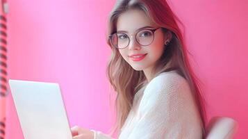Confident and Smiling Young Female Professional Using Laptop Computer in Bright Pink Studio Background,Representing Information Technology Specialist or Software Developer photo