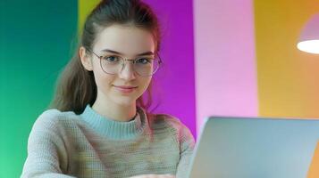 Confident Young Female Professional Wearing Eyeglasses and Using Laptop Computer in Bright Colorful Home or Office Environment,Representing Technology,Software Engineering,or IT Expertise photo