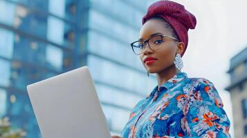 Portrait of a young,confident Black female businesswoman or manager using a laptop computer in a modern high-rise office building setting,representing technology,entrepreneurship. photo
