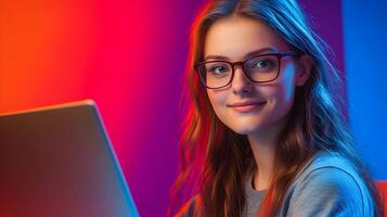 Young Confident Female Wearing Eyeglasses,Using Laptop Computer,Information Technology Specialist or Software EngineerDeveloper Concept photo