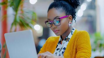Confident African American Businesswoman Using Laptop Computer While Working in a Modern Office Environment,Representing Successful Female Business Leadership and Information Technology Professionals photo