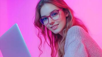 Smiling young female professional wearing eyeglasses and using a laptop computer in a studio setting with a vibrant pink background. She appears confident. photo